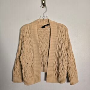 360 Sweater Italian Yarn 3/4 Sleeve Open Front Crop Cable Knit Cardigan S Preppy